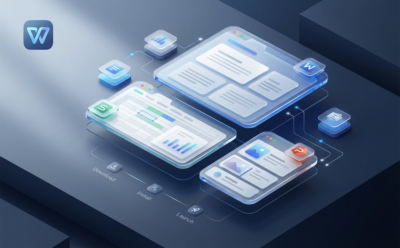 WPS下载页面中的多平台安装功能卡片展示